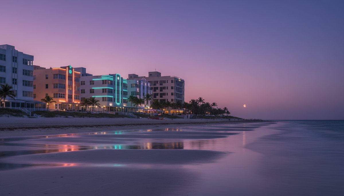 Miami South Beach Art Deco hotel facades at twilight with pastel neon glowing against a violet sky and palm-tree silhouettes.